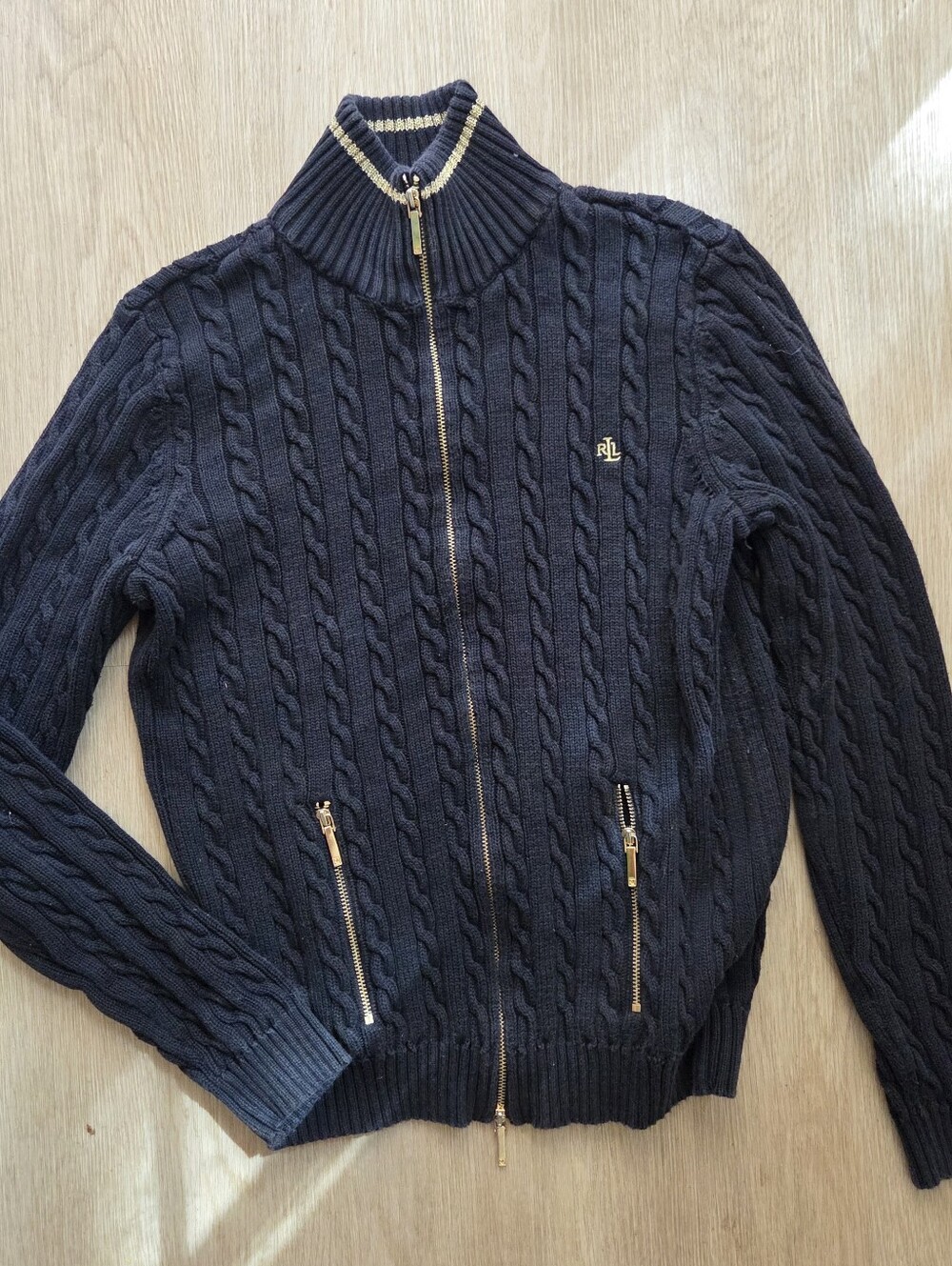 Vintage Ralph Lauren Black Cable Zip-Up Sweater with Gold Hardware Womens Medium